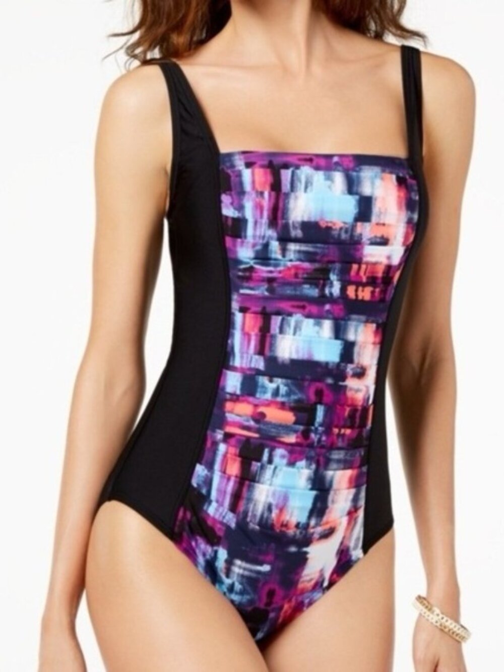 Calvin Klein | Black and Purple Monet Pleated One-Piece Swimsuit | Size 12